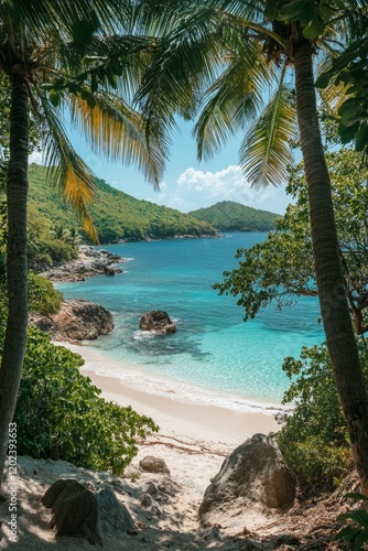 Breathtaking tropical beach embraces crystal-clear turquoise water under a sunny sky photo