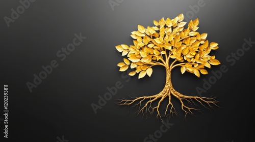 Golden Tree of Prosperity - A stylized golden tree with intricate roots against a dark background, symbolizing growth, prosperity, and success. photo