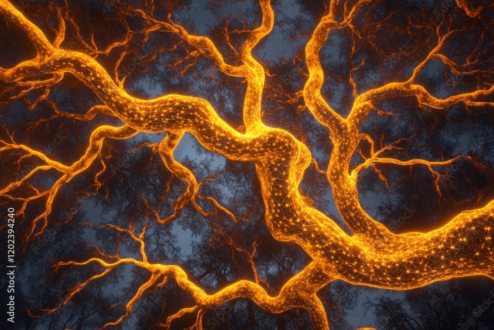 Obraz premium Glowing Tree Branches Illuminated Night Network