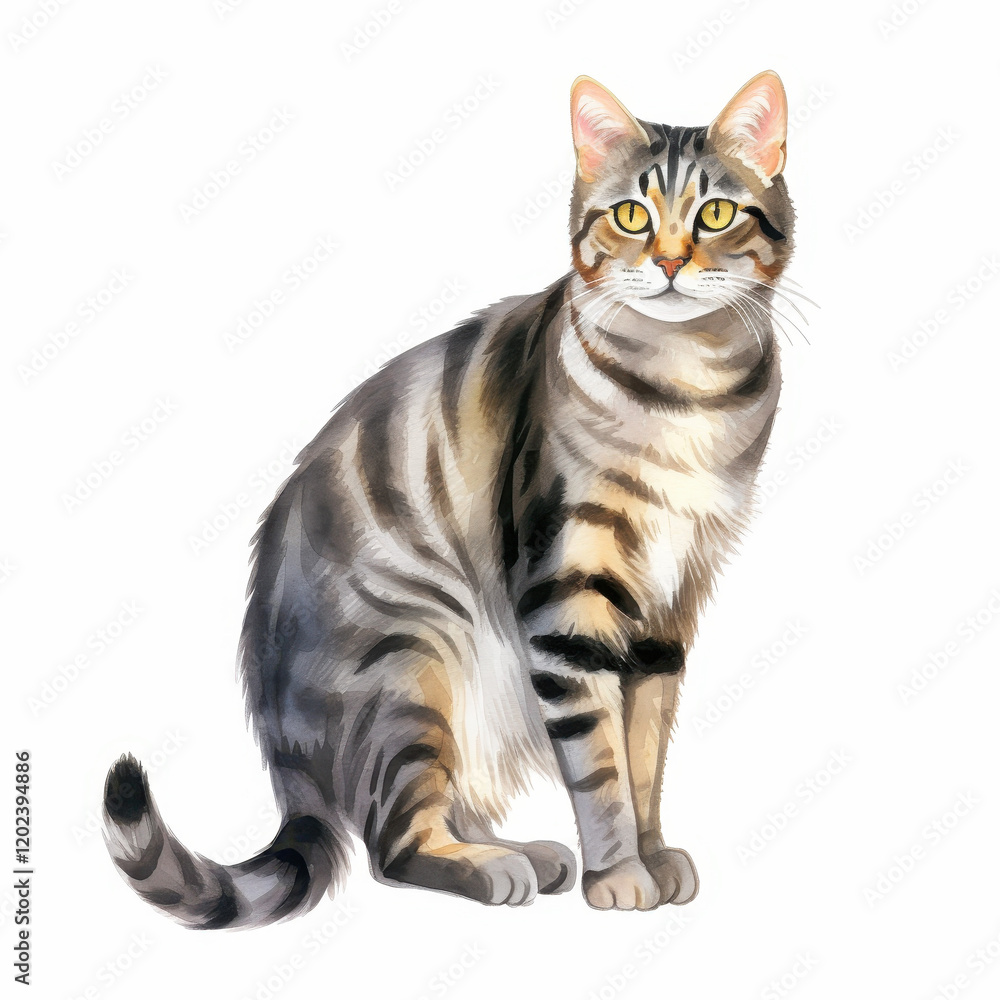 Obraz premium Realistic Watercolor Illustration of a Tabby Cat Portrait on White Background, Perfect for Pet Lovers and Art Enthusiasts