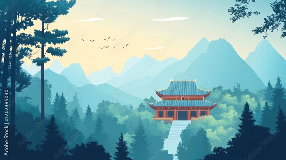 Fototapeta premium Chinese temple landscape with forest and mountains in the background, anime style.