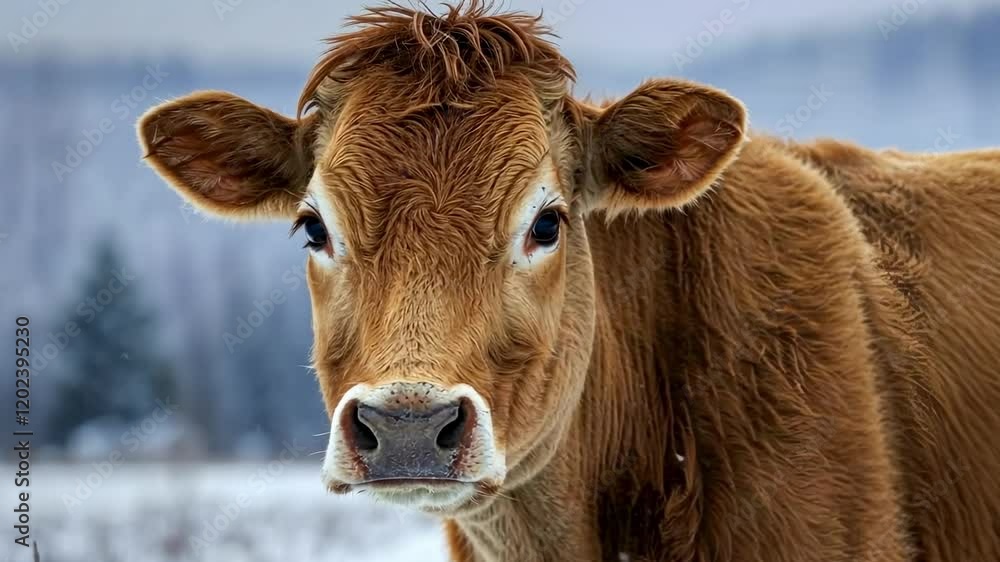 Curious cow facing camera against snowy backdrop in winter landscape Curious cow facing camera against snowy backdrop in winter landscape