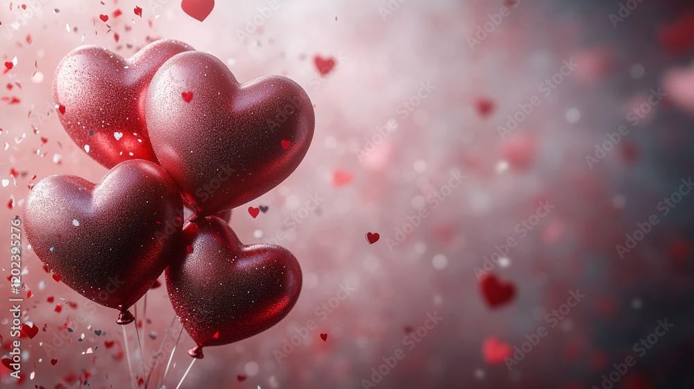 Romantic Pink Heart Balloons with Glitter and Confetti. Generative AI Romantic Pink Heart Balloons with Glitter and Confetti. Generative AI
