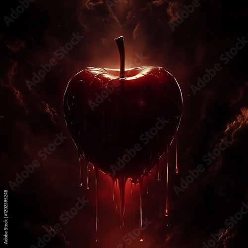 Melted Red Apple Against Dark Clouds