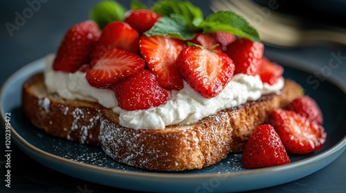 A heavenly arrangement of strawberry toast topped with fresh cream and mint leaves, this image evokes a sense of summer joy and gastronomic delight. photo