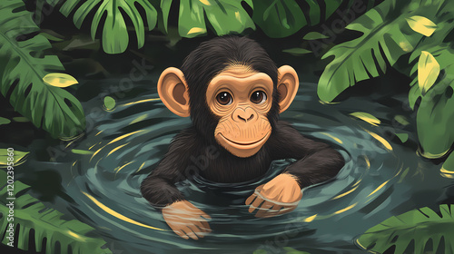 Young chimpanzee enjoying a refreshing dip in the water. Playful Jungle Creatures. Illustration photo