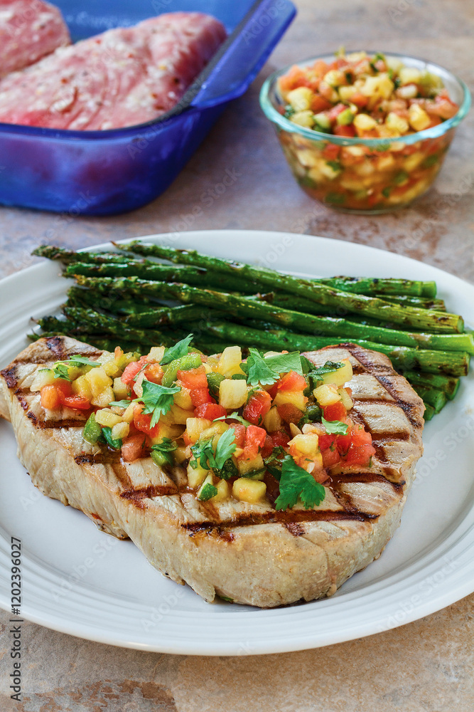 grilled swordfish topped with mango salsa served with asparagus on a white plate grilled swordfish topped with mango salsa served with asparagus on a white plate