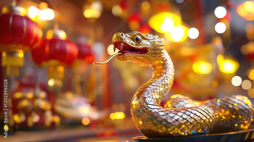 Fototapeta premium Golden Snake Statue Amidst Festive Lights