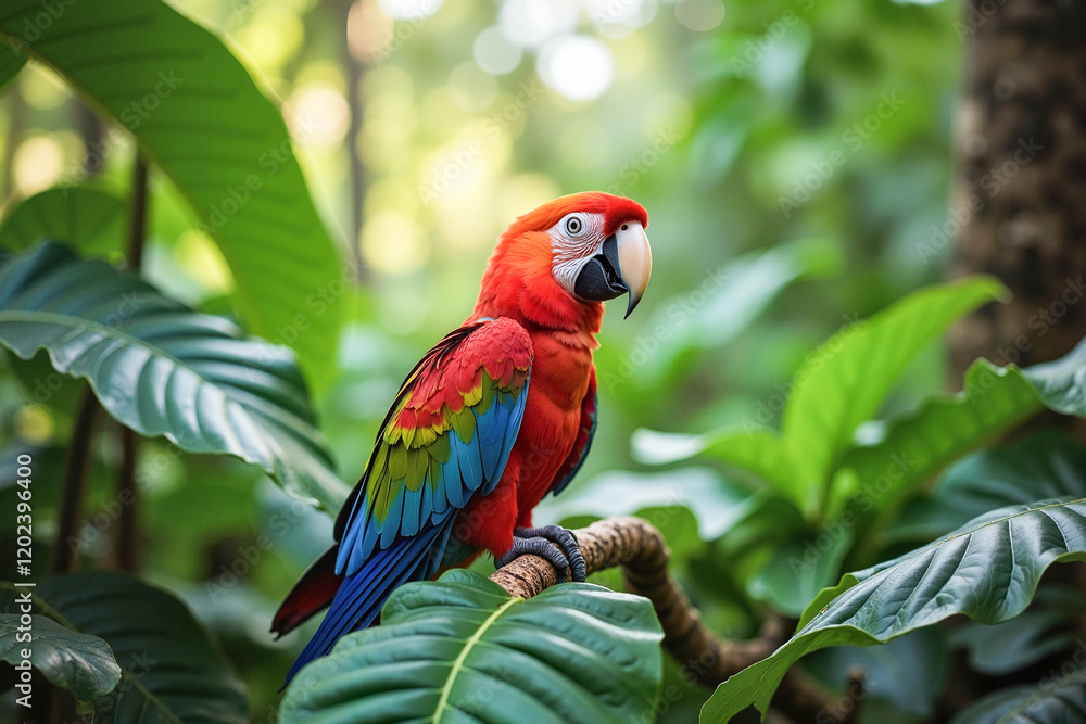 Obraz premium Exotic parrot perched on a branch amidst lush greenery in a vibrant rainforest, symbolizing wildlife conservation.
