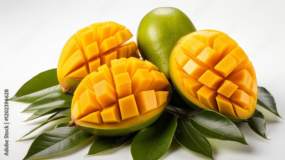 A fresh mango with green leaves and neatly cut pieces, perfect for culinary and tropical imagery, studio view. A fresh mango with green leaves and neatly cut pieces, perfect for culinary and tropical imagery, studio view.