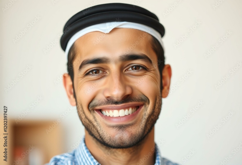 Male Arabic person with a warm and confident smile Male Arabic person with a warm and confident smile