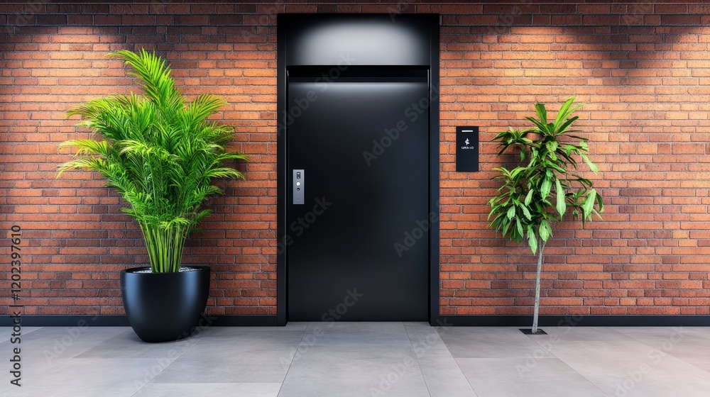 Fototapeta premium Modern Brick Elevator Entrance with Plants - Stylish elevator entrance, modern brick wall, potted plants, minimalist design, sophisticated ambiance.