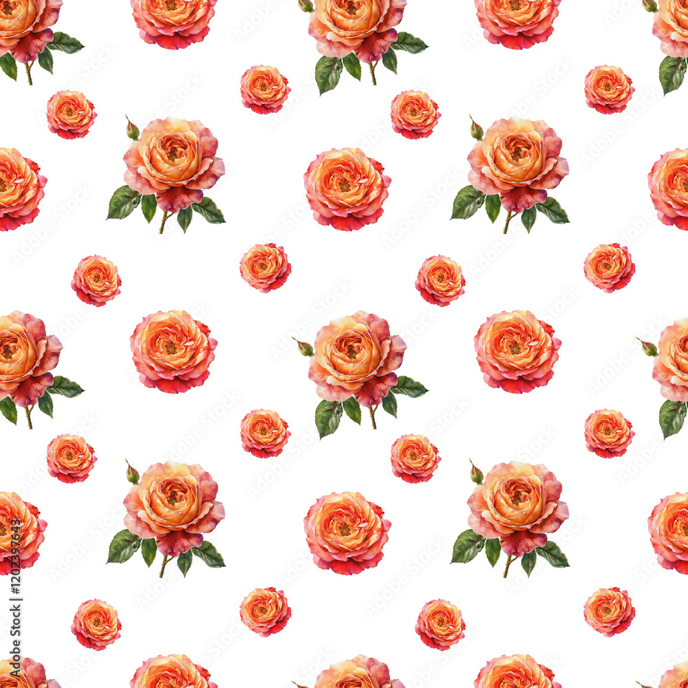 Fototapeta premium Seamless pattern featuring an English rose with a stem and leaves