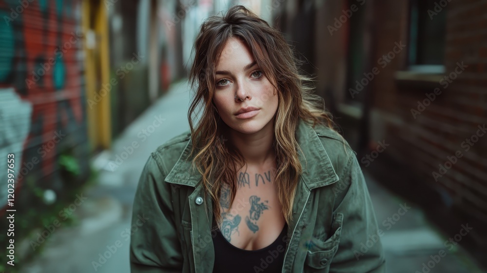 Fototapeta premium This captivating image showcases a young woman captured in an urban alley, characterized by vibrant murals and a relaxed yet intense expression.
