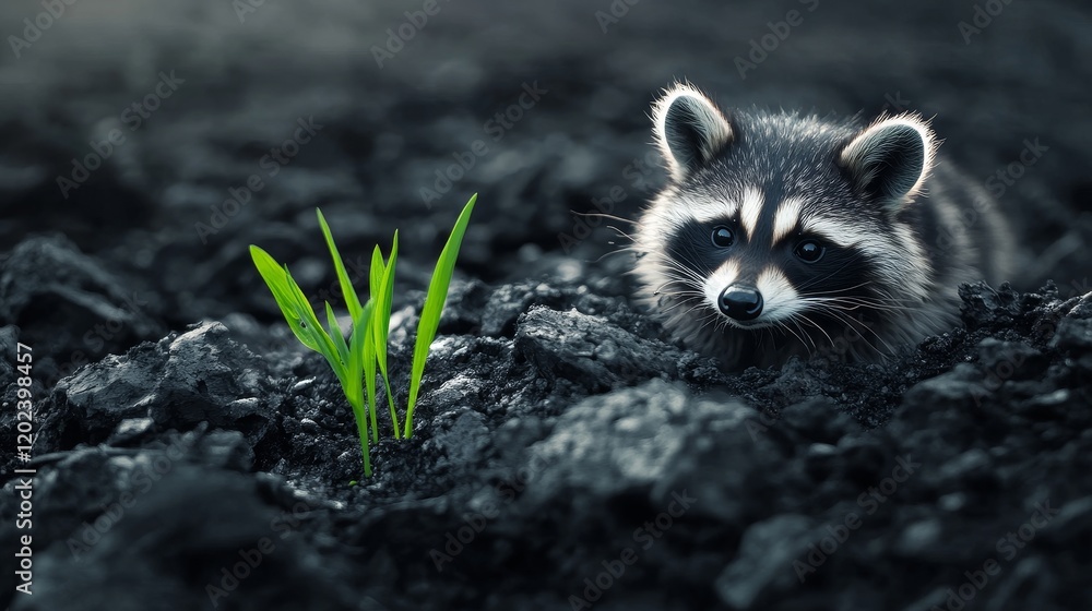 Fototapeta premium New Life Sprouting After Fire - A young raccoon observes new green shoots emerging from scorched earth, symbolizing resilience, rebirth, hope, wildlife, and nature's tenacity.