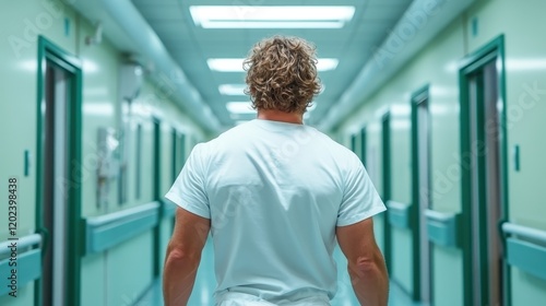 A determined individual walks with purpose down a hospital hallway, embodying strength and resilience in a setting focused on health, care, and patient well-being. photo