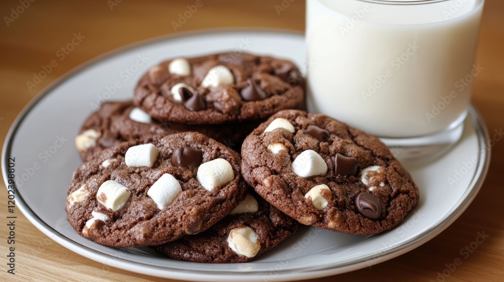 Chocolate chip and marshmallow dark chocolate cookies served with milk Chocolate chip and marshmallow dark chocolate cookies served with milk