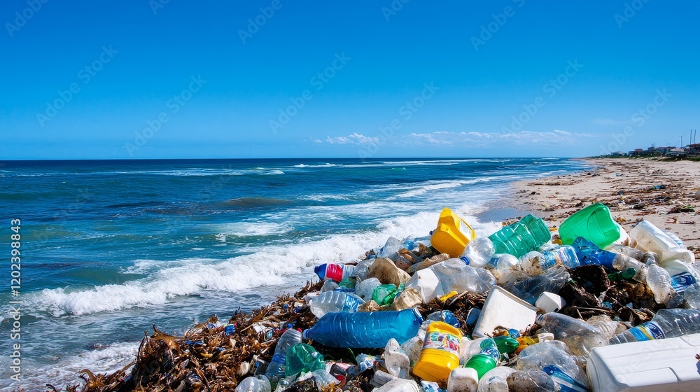 Ocean Plastic Waste Accumulation - Plastic pollution on a beach, symbolizing environmental damage, irresponsible disposal, marine life endangerment, ocean contamination, and the urgent need for recycl Ocean Plastic Waste Accumulation - Plastic pollution on a beach, symbolizing environmental damage, irresponsible disposal, marine life endangerment, ocean contamination, and the urgent need for recycl