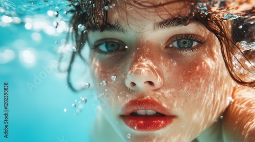 A striking underwater portrait that showcases the beautiful features of a freckled girl with captivating blue eyes, emitting a serene and artistic vibe. photo