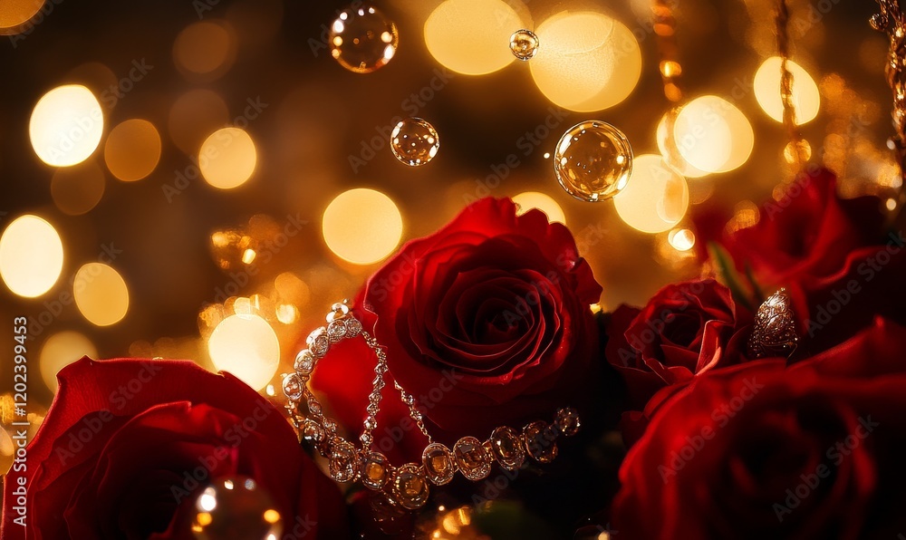 Red Roses and Jewelry with Blurred Background Light Bokeh Creating Romantic Ambiance Red Roses and Jewelry with Blurred Background Light Bokeh Creating Romantic Ambiance