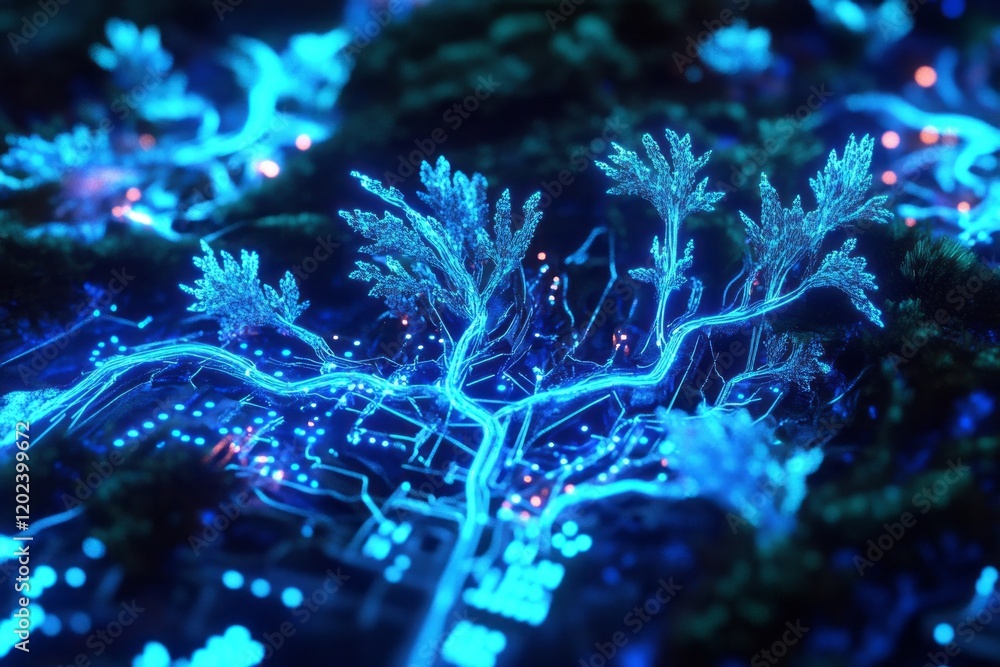 Obraz premium Glowing Blue Digital Trees Network Landscape