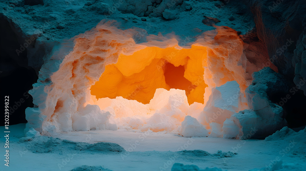 Naklejka premium Glowing orange light illuminates a snow cave entrance.