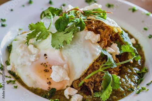 pork salsa verde topped with a fried egg and fresh cilantro