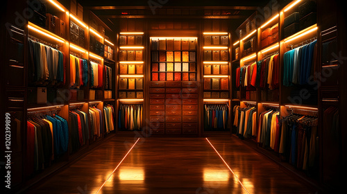 Wallpaper Mural Luxurious dimly lit walk-in closet filled with colorful shirts and fabric swatches. Torontodigital.ca