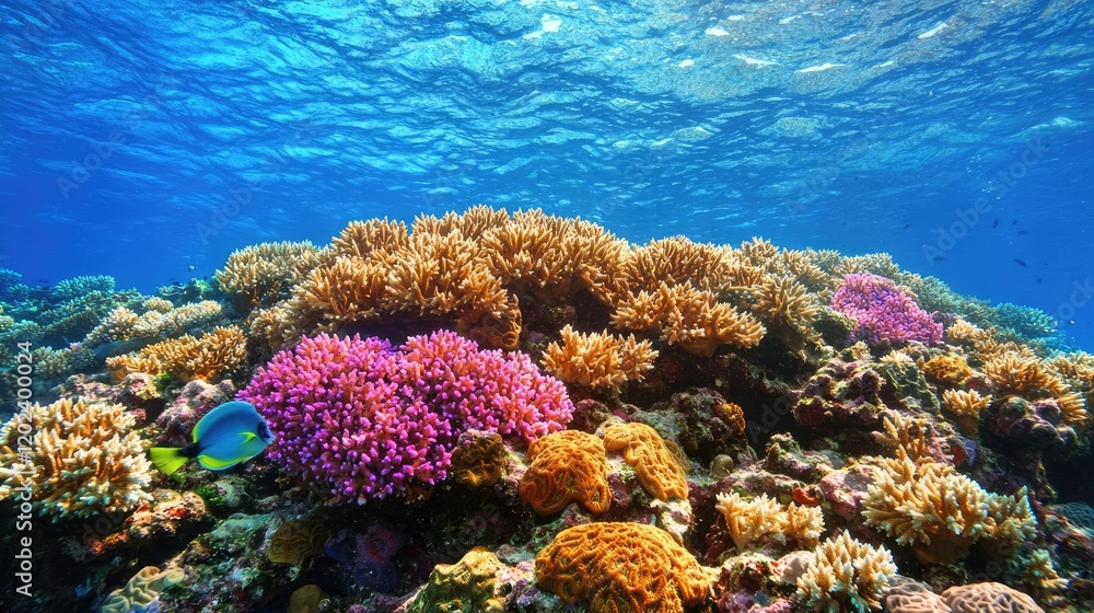 Fototapeta premium Vibrant coral reef teeming with life under the ocean's surface; perfect for travel brochures