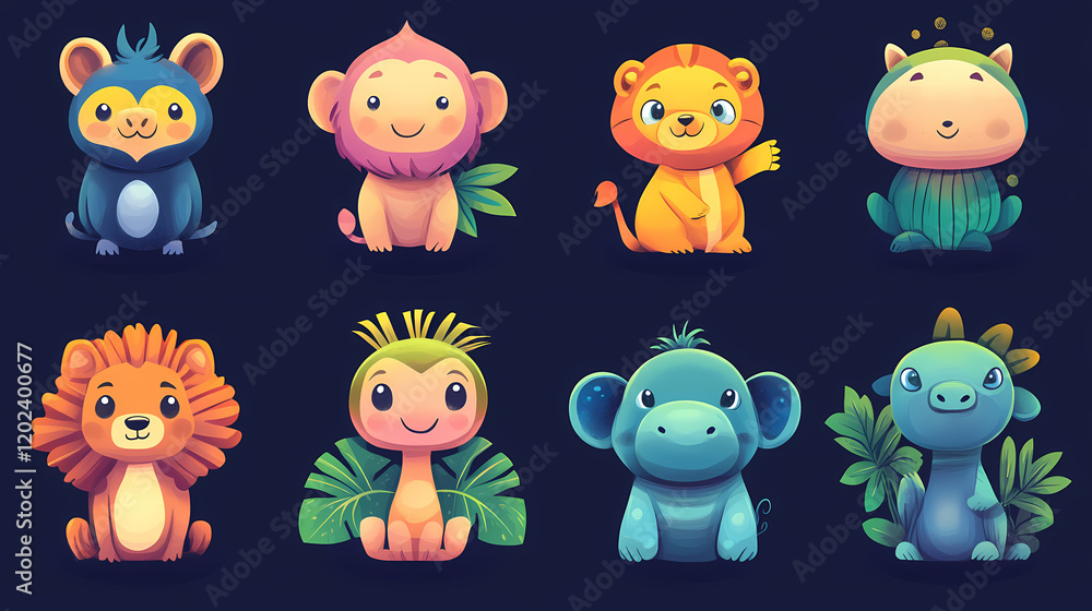 Naklejka premium A themed set of colorful animal illustrations, including jungle, forest, and underwater creatures, designed with playful details. Playful Jungle Creatures. Illustration