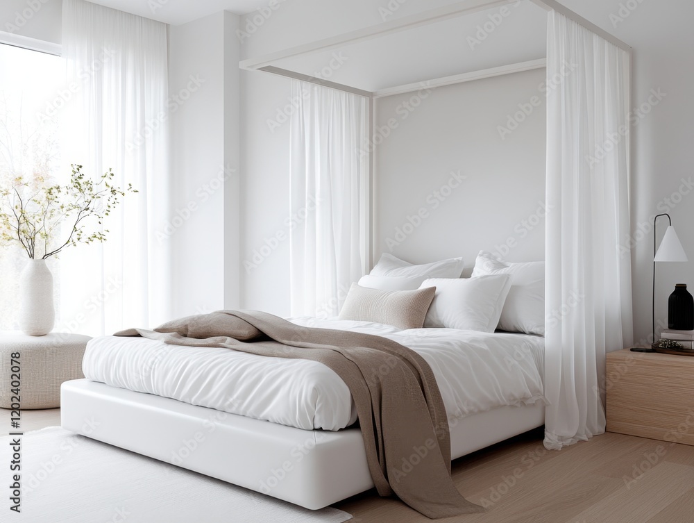 Obraz premium Serene minimalist bedroom with canopy bed and soft neutral tones in natural light