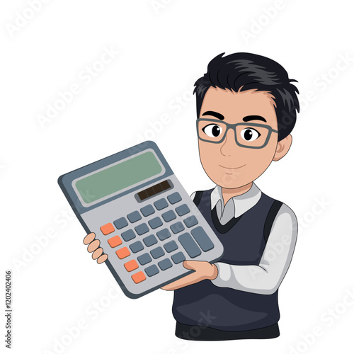 Portrait of cartoon accountant guy in glasses with huge calculator in hands, flat style, isolate on white