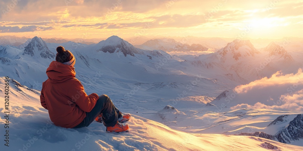 Adventurer rests on snowy peak, sunset view, mountain range