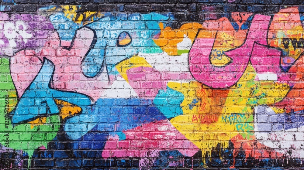 Fototapeta premium Vibrant Graffiti Art on Brick Wall with Colorful Abstract Design