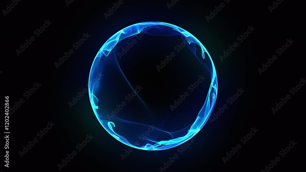 Blue technology 3d sphere of glowing particles and energy waves. Future technology, science, and artificial intelligence background. Big data, AI virtual assistant. Futuristic digital 3d orb. 4k loop.