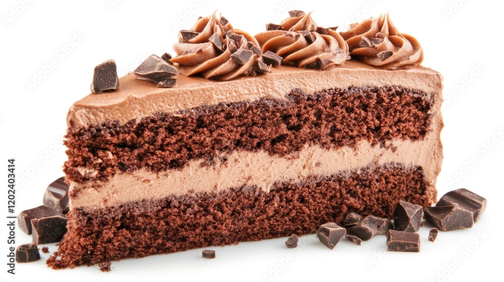 Delicious Chocolate Cake Slice with Creamy Frosting and Shavings Delicious Chocolate Cake Slice with Creamy Frosting and Shavings