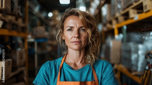 A proud woman in a storage area displays confidence and readiness, standing firm amidst boxes, embodying the spirit of hard work and dedication in her role. photo