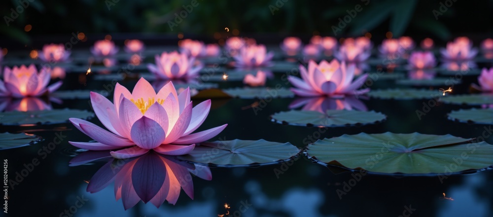 Gorgeous scene featuring glowing lotus flowers amidst dancing fireflies exuding a dreamy and mystical ambiance Gorgeous scene featuring glowing lotus flowers amidst dancing fireflies exuding a dreamy and mystical ambiance