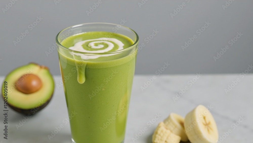 Nutritious Vegan Smoothie with Banana Avocado Yogurt on Grey Background Breakfast Beverage Nutritious Vegan Smoothie with Banana Avocado Yogurt on Grey Background Breakfast Beverage