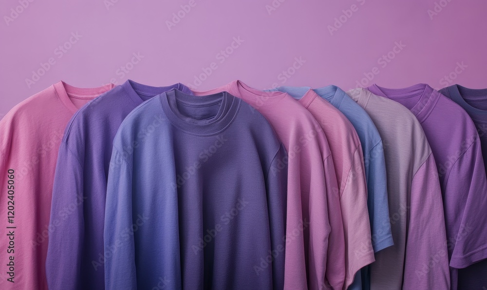 Obraz premium Row of Colorful Clothing Shirts Placed Against Purple Background Fabric for Fashion Design Concept