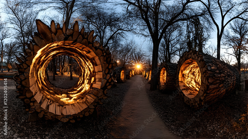 Fototapeta premium Illuminated wood rings path at dusk.