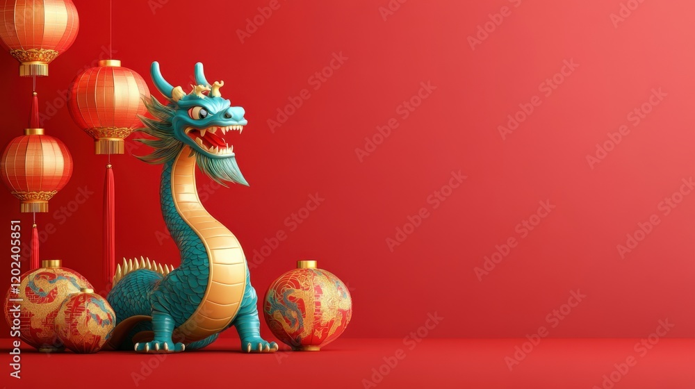 A teal dragon statue with red lanterns and ornaments A teal dragon statue with red lanterns and ornaments
