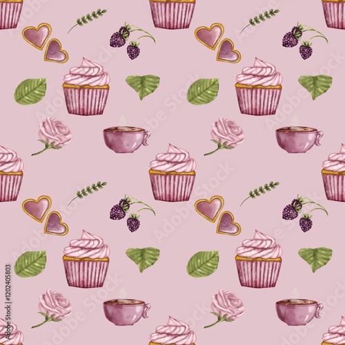 Seamless pattern happy birthday, Valentine’s Day, flowers rose,berry, heart cookies, candy, cupcakes, party. Watercolor style. Background, Textile, fabric, paper design