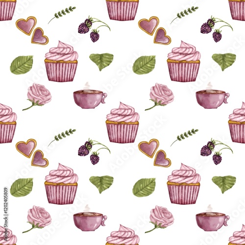 Seamless pattern happy birthday, Valentine’s Day, flowers rose,berry, heart cookies, candy, cupcakes, party. Watercolor style. Background, Textile, fabric, paper design