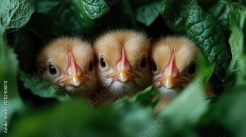 This charming image features three adorable chicks nestled among vibrant green leaves, capturing the essence of nature's warmth and the beauty of bird life in an enticing way.