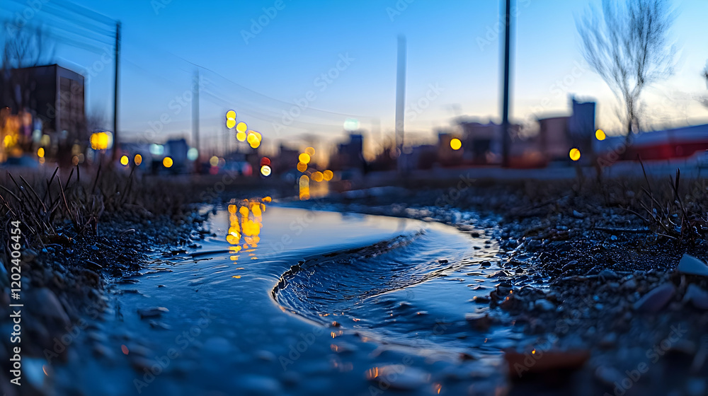 Obraz premium Dusk city puddle reflection.