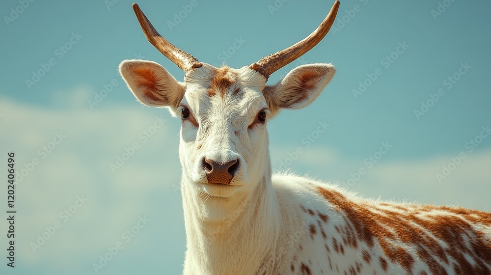 Obraz premium A white and brown spotted deer with long horns is staring at the camera