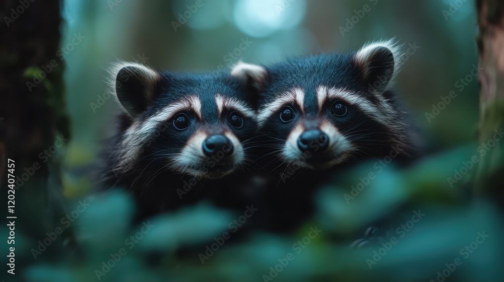 Two inquisitive raccoons peek through foliage in a lush forest, representing nature's beauty and curiosity in the wild while evoking a sense of tranquility and exploration. Two inquisitive raccoons peek through foliage in a lush forest, representing nature's beauty and curiosity in the wild while evoking a sense of tranquility and exploration.