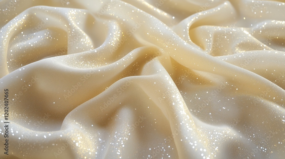 A shiny, shimmering golden fabric with glittery sparkles scattered across it. A shiny, shimmering golden fabric with glittery sparkles scattered across it.