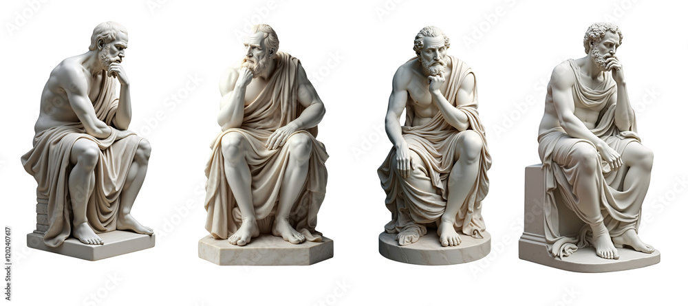 Obraz premium four distinct sculptures of a seated philosopher, each carved from a light-colored stone resembling marble.